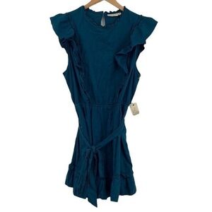 Happy X Nature Mini Dress Womens Size XL Blue Belted Ruffle Sleeveless Linen Ble